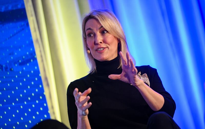 Broadcaster Kelly Cates speaking at Croke Park. Photograph: Ramsey Cardy/Sportsfile