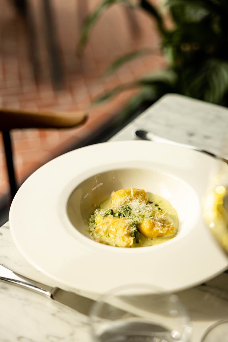 Pasta starter and dessert at The Sea Rooms at Kelly's Resort Hotel in Rosslare.