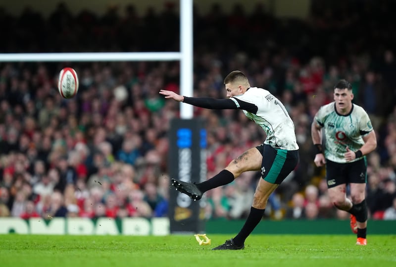 Ireland's Sam Prendergast scores a penalty. Photograph: David Davies/PA Wire