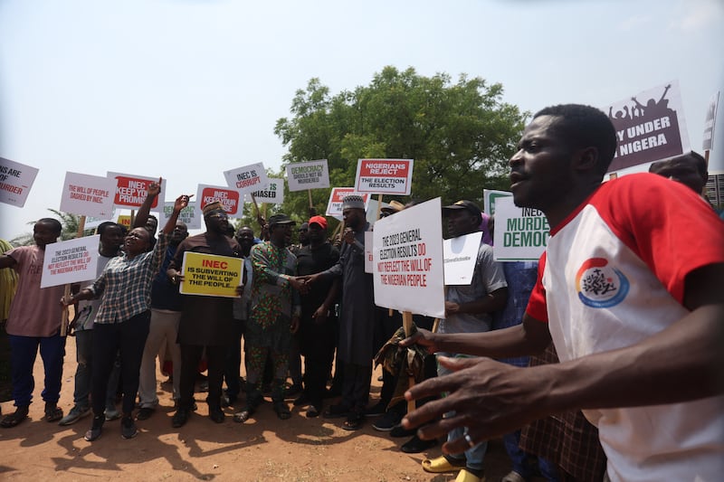 A protest in Abuja, Nigeria, at  the outcome of the 2023 presidential elections and the emergence of the candidate of All Progressives Congress' Bola Tinubu as the president-elect. Photograph: Kola Sulaimon/AFP via Getty Images