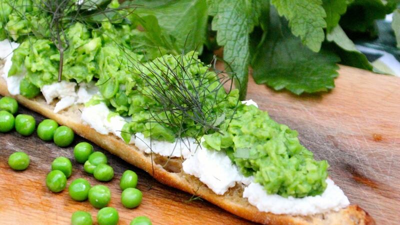 Smashed peas and whipped goat’s cheese on toast.