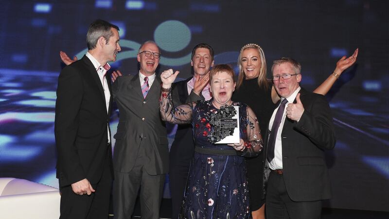 The overall winner of this year’s Irish Times Innovation of the Year award is Galway-based Atlantic Therapeutics, which also won the Life Sciences and Healthcare category. Pictured: presenting the category award is Dr Ciaran Seoighe, deputy director general of Science Foundation Ireland (SFI) with Atlantic Therapeutics’ Richard Allen, Danny Forde, Dr Ruth Maher, Christina Walsh and Brendan McCormack. Photo: Conor McCabe