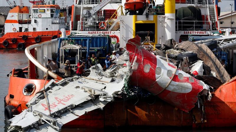 A file photograph showing the remains of the fuselage of crashed Air Asia flight QZ8501. Photograph: EPA