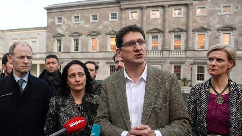 Green Party leader Eamon Ryan with colleagues outside Leinster House. Photograph: Aiden Crawley