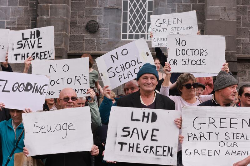 A protest in Newbridge, Co Kildare, over a proposal to build emergency modular housing for Ukrainians in the Lakelands area of the town, because the area is not suitable for more housing due to factors such as flooding and sewage. Photograph: Eamonn Farrell/RollingNews.ie