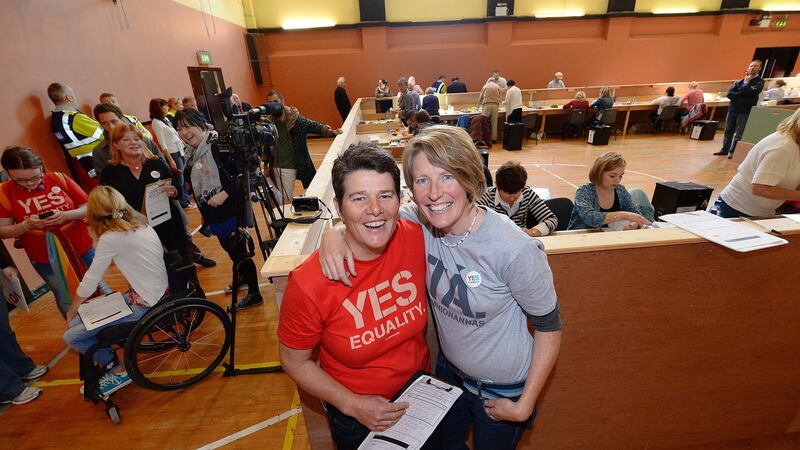 Lisa Fingleton and Rena Blake at the count centre in Tralee. Photograph: Domnick Walsh