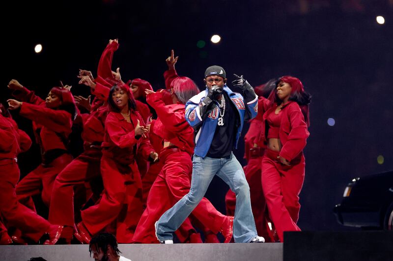 Kendrick Lamar performs during the halftime show at Caesars Superdome. Photograph: Gregory Shamus/Getty Images