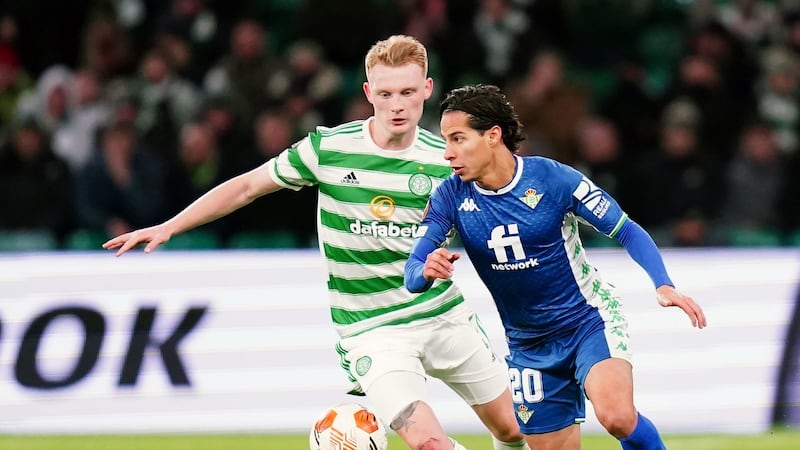 Celtic’s Liam Scales in action against  Diego Lainez of Real Betis during the Europa League match at Celtic Park in Glasgow. Photograph: Jane Barlow/PA Wire