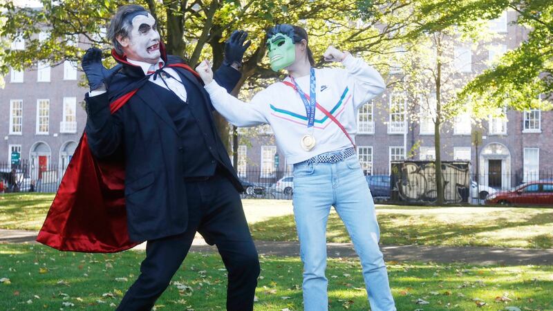 Kellie Harrington meets Dracula at Dublin’s Mounjoy Square during the Big Scream Festival. Photograph: Leon Farrell/Photocall Ireland