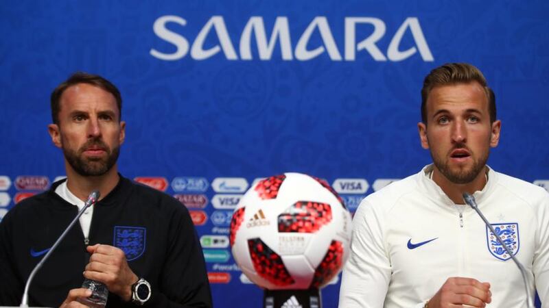 Gareth Southgate and Harry Kane at a press conference ahead of the quarter-final.