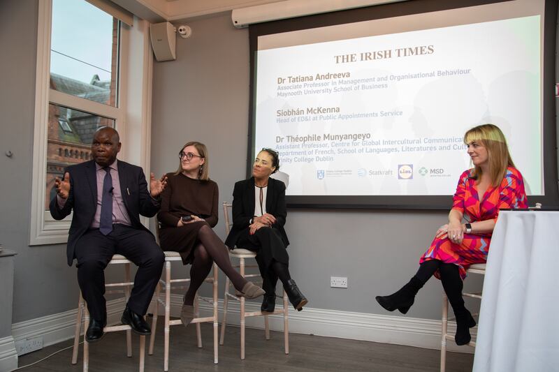 Left to right is Dr Théophile Munyangeyo, Trinity College Dublin; Dr Tatiana Andreeva, Maynooth University, Siobhán McKenna; head of quality, diversity and inclusion (EDI) at the Public Appointments Service, and Jennifer O’Connell of The Irish Times, who hosted the event