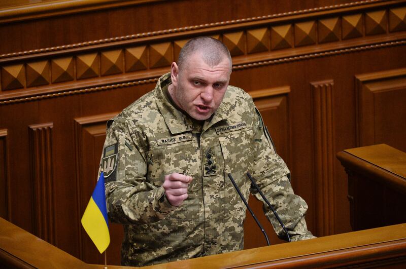 Vasyl Maliuk, then acting Head of the SBU, addresses the Ukrainikan parliament in February last year. Photograph: Andrii Nesterenko/AFP via Getty Images