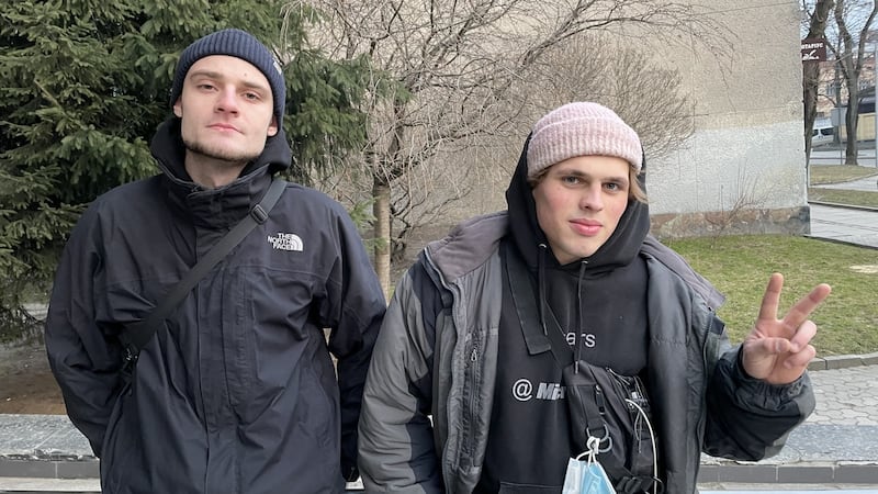 Seryozha Koshelyev from Kramatorsk in eastern Ukraine and Yevhen Horovoi from Kyiv are now volunteering to help displaced people in the western city of Lviv. Photograph: Daniel McLaughlin