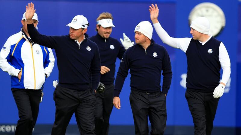 Europe’s Lee Westwood (left), Victor Dubuission (second left),  Graeme McDowell (second right) and Stephen Gallacher during a practice session at Gleneagles Golf Course. Photograph:  Mike Egerton/PA Wire