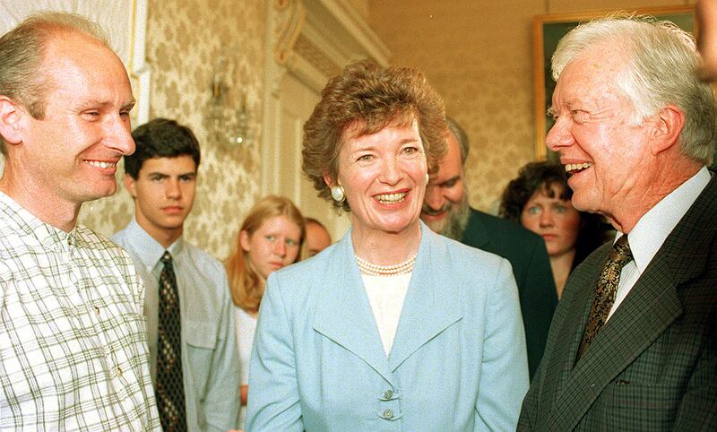 President Mary Robinson meeting former-US president Jimmy Carter (right) and Billy Hutchinson, one of the leaders of the Loyalist Progressive Unionist Party, in Dublin in 1995. Photograph: Martin McCullough/PA Wire 