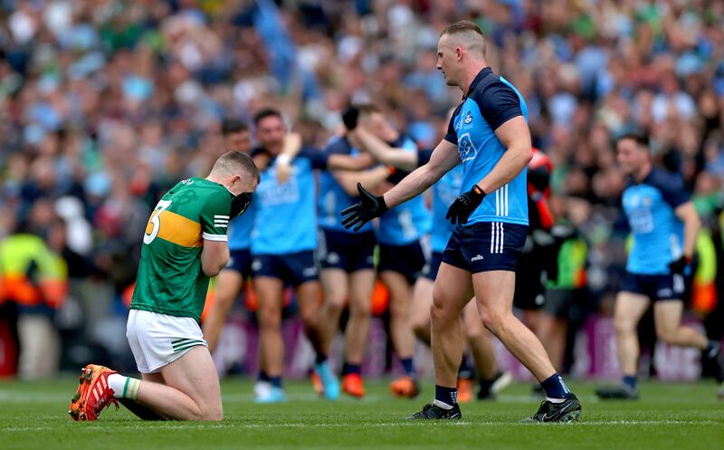 Kerry’s Jason Foley and Ciarán Kilkenny of Dublin after the All-Ireland final. Photograph: James Crombie/Inpho