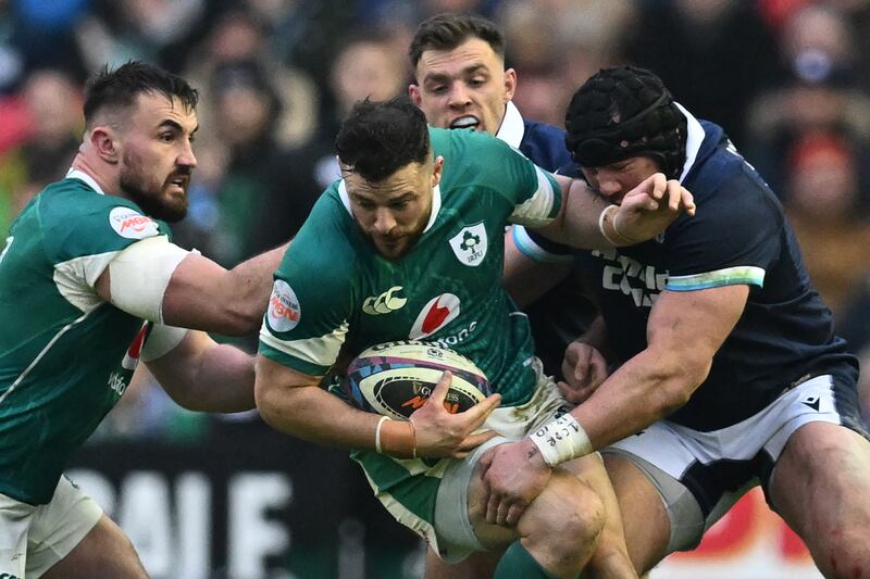 Robbie Henshaw is tackled during the Six Nations match against Scotland at Murrayfield. Photograph: Andy Buchanan/AFP via Getty Images