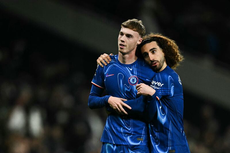 Chelsea's Cole Palmer celebrates with team-mate Marc Cucurella  after scoring his team's fourth goal against Spurs. Photograph: Getty Images