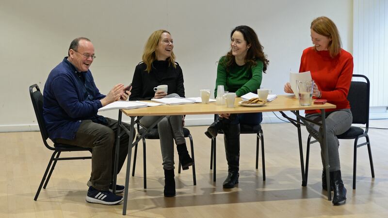 Rehearsals for Mark O’Rowe’s The Approach: Mark, Cathy Belton, Derbhle Crotty and Aisling O’Sullivan. Photograph: Cyril Byrne