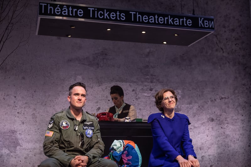 Fionn Ó Loingsigh, Anna Healy, background, and Fiona Bell in Druid’s world premiere production of The Last Return by Sonya Kelly. Photograph: Ste Murray