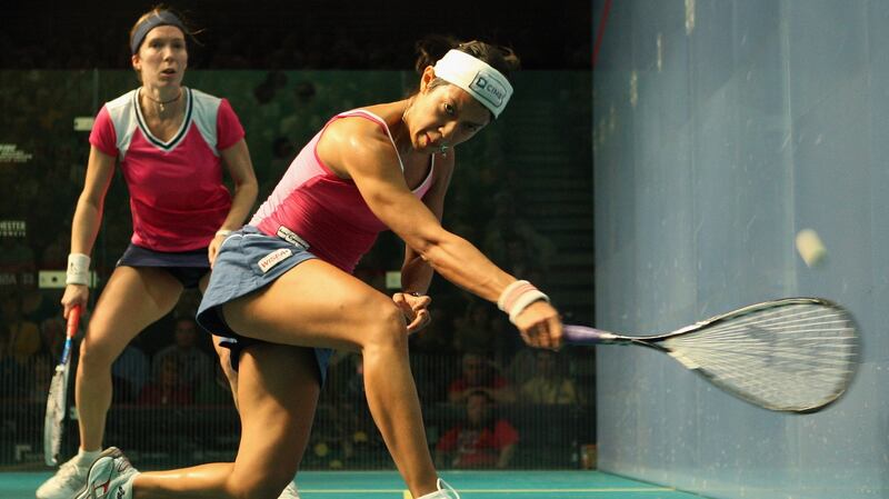 Madeline Perry (left) in action against Nicol David. Photograph:  Bryn Lennon/Getty Images