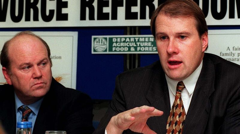 Then minister for agriculture, food and forestry,  Ivan Yates (right), and then minister for health Michael Noonan at a government press conference in Dublin to  appeal for a Yes vote in the 1995 divorce referendum. File photograph: Paddy Whelan/The Irish Times