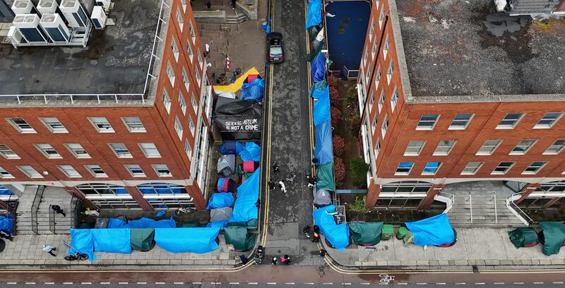 Niall Carson of PA took a photograph of the campsite using a drone. Photograph: Niall Carson/PA Wire