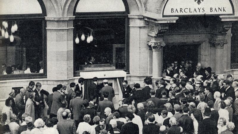 The official opening of the world’s first ATM.  Photograph: Barclays/PA