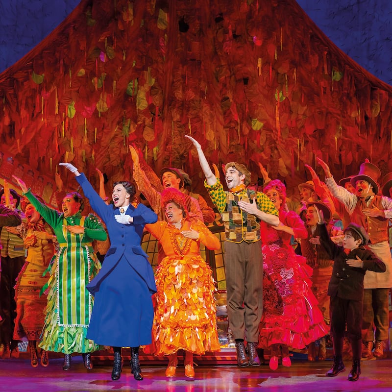 Mary Poppins: Stefanie Jones as the titular character sings with cast members in the Christmas musical at the Bord Gáis Energy Theatre, Dublin. Photograph: Daniel Boud