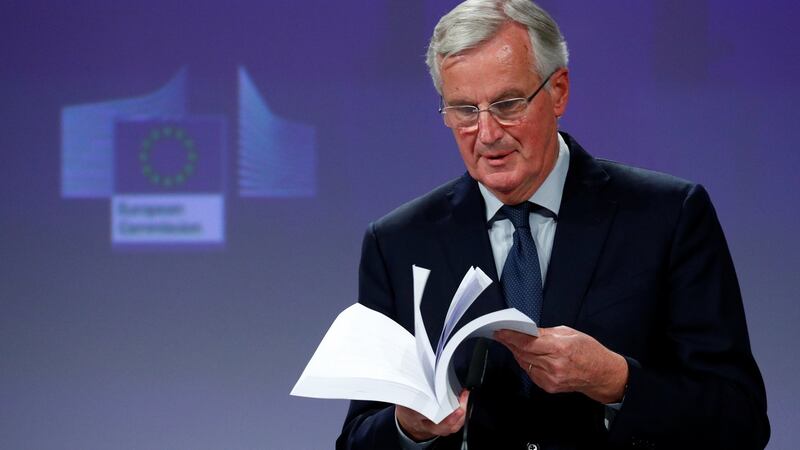 The European Union’s chief Brexit negotiator Michel Barnier delivers a statement in Brussels  after  Theresa May’s cabinet approved a draft Brexit deal. Photograph: Francois Lenoir/Reuters.