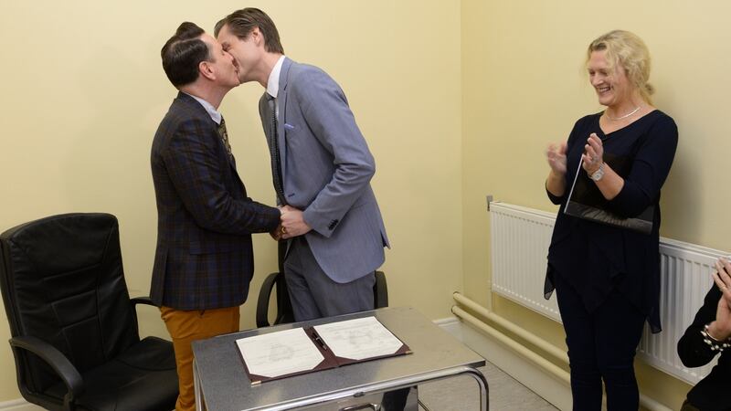 Richard and Cormac  during their marriage ceremony, with Mary Claire Heffernan,  senior registrar, at the Community Care Building at South Tipperary General Hospital, Clonmel, Co Tipperary on November 17th, 2015. Photograph: Dara Mac Dónaill