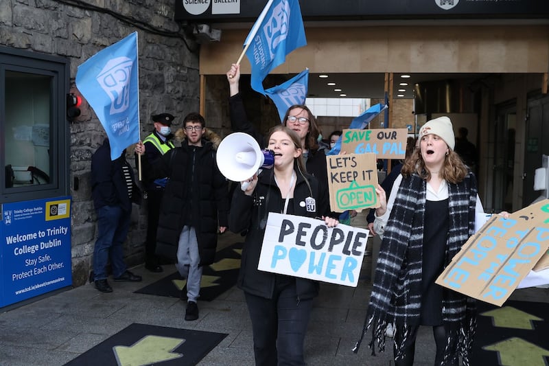 Trinity College Dublin’s Student Union hold a rally in front of the Science Gallery in 2022 an effort to prevent its closure. Photograph: Nick Bradshaw