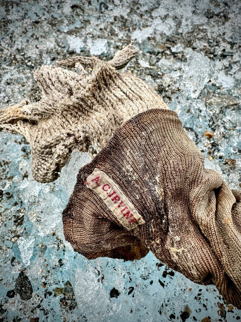 A sock embroidered with "AC Irvine" which has been discovered below the North Face of Mount Everest. Photograph: Jimmy Chin/National Geographic/PA Wire 