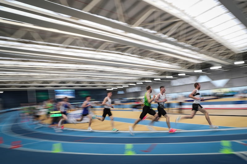 Action from the Men's 3000m at the Athletics Ireland 123.ie National Indoor Championships at the Sport Ireland Campus, Blanchardstown. Photograph: Bryan Keane/Inpho