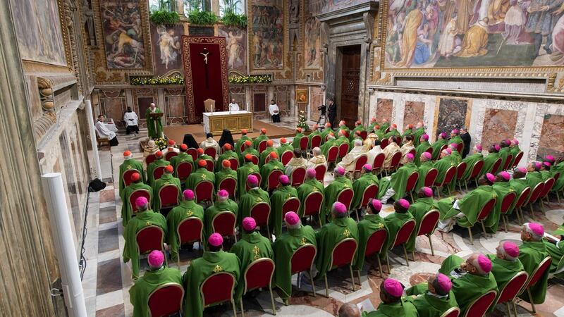 Pope Francis  delivers a speech during Eucharistic celebration  in the Vatican on the last day of a global child-protection summit. Photograph: Vatican Media/AFP/Getty Images