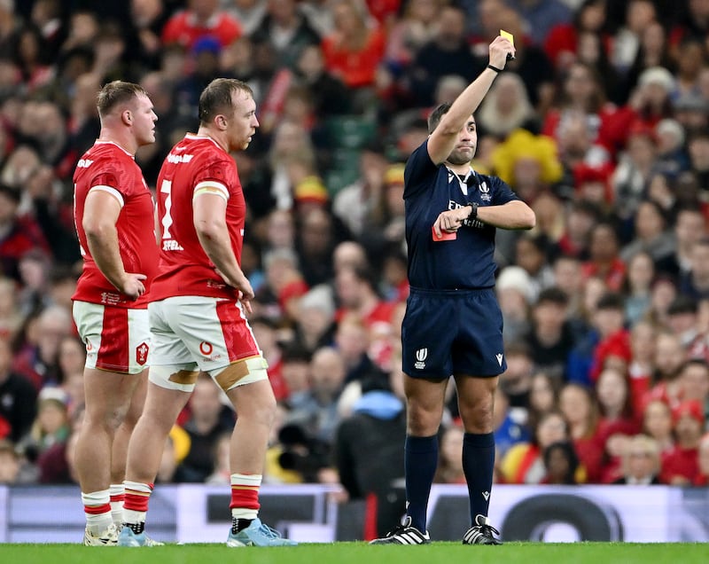 Referee Luc Ramos shows a yellow card to Tommy Reffell of Wales, resulting in a bunker review during the Wales-Fiji match. Photograph: Dan Mullan/Getty Images