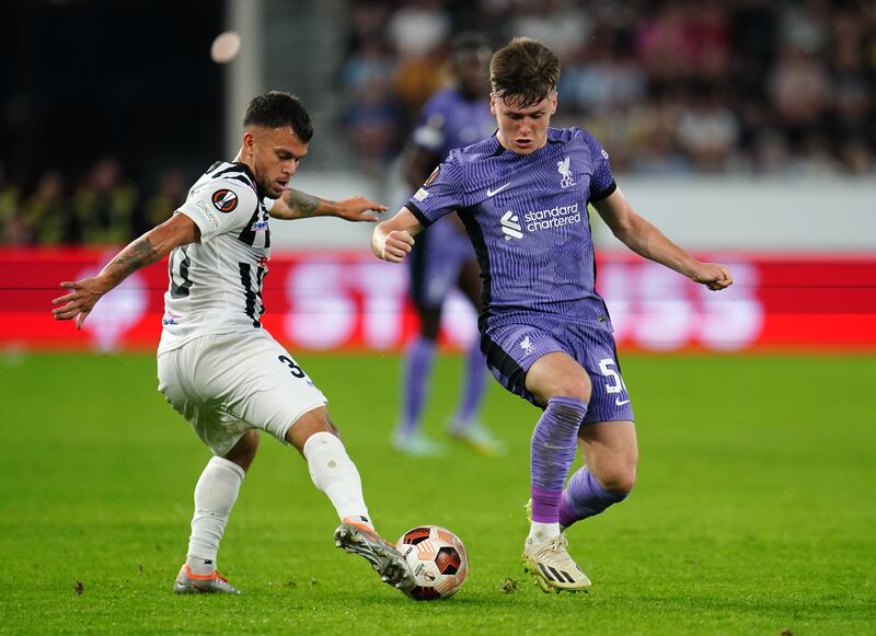 Liverpool's Ben Doak (in action against Lask's Sascha Horvath in Linz. Photograph: Nick Potts/PA Wire