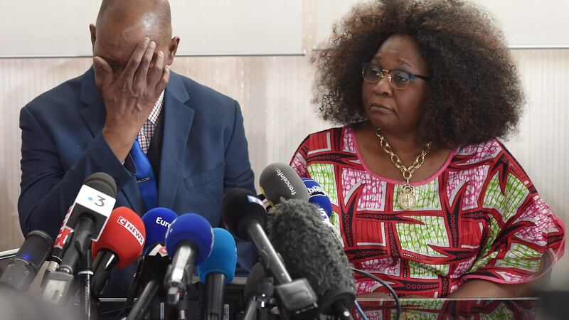 Naomi Musenga’s father Mukole and mother Honorine speak to journalists on Thursdays. Photograph: Frederick Florin/AFP/Getty Images