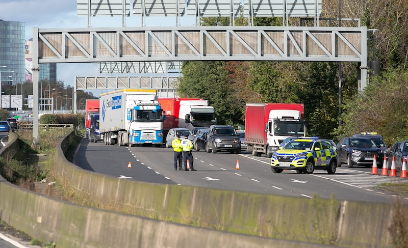 Members of the Garda on the N3 following the fatal incident in Blanchardstown, Dublin. Photo: Gareth Chaney/Collins
