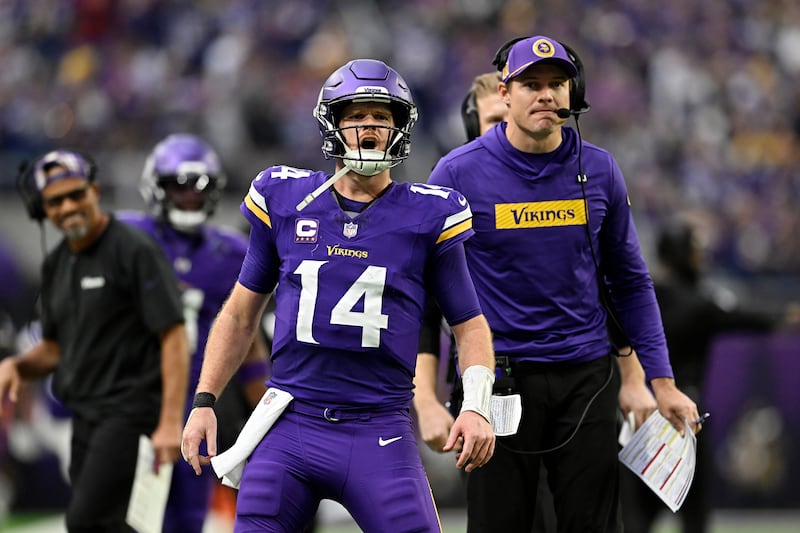 Sam Darnold of the Minnesota Vikings reacts after throwing a touchdown pass against the Atlanta Falcons on December 8th. Photograph: Stephen Maturen/Getty Images