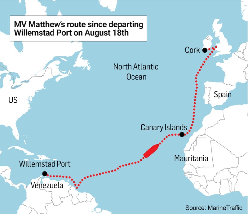 MV Matthew’s route since departing Willemstad Port on August 18th