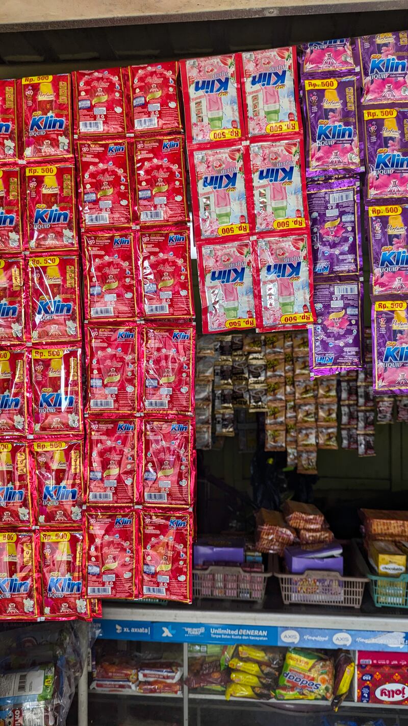 Sachet packaging at market stalls, Lombok