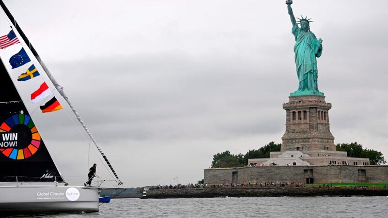 Greta Thunberg arrives in the US on board the Malizia II after a 15-day journey crossing the Atlantic. Photograph: Johannes Eisele/AFP/Getty Images