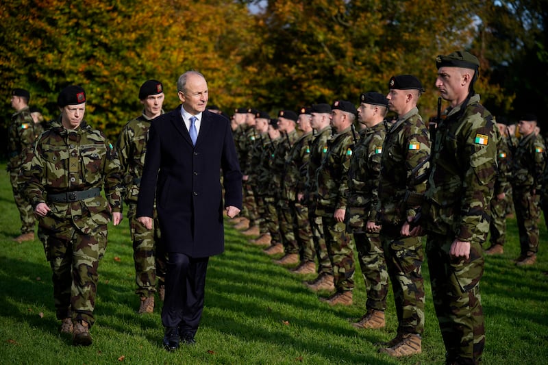 Tánaiste and Minister for Defence Micheál Martin reviewing the men and women of the 123rd Infantry Battalion at Kilkenny Castle prior to their deployment to Lebanon. Photograph: Niall Carson/PA Wire 
