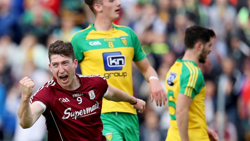 Galway’s Johnny Heaney celebrates scoring a goal. Photograph: Tommy Dickson/Inpho