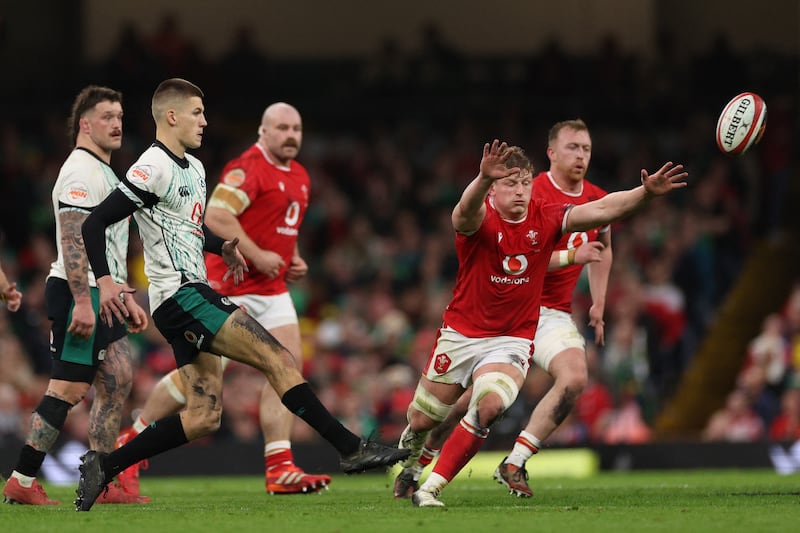 Ireland outhalf Sam Prendergast during the Six Nations match between Wales at the Principality Stadium in Cardiff. Photograph: Adrian Dennis/AFP via Getty Images