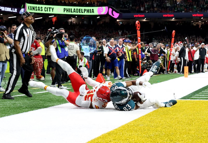 Jahan Dotson of the Philadelphia Eagles makes a catch against Jaylen Watson of the Kansas City Chiefs in the first quarter. Photograph: Jamie Squire/Getty Images