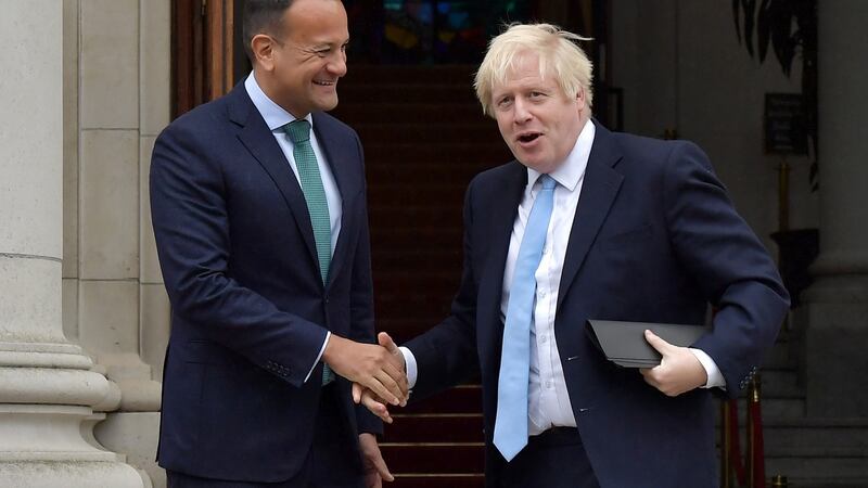 British prime minister Boris Johnson shakes hands with Taoiseach Leo Varadkar ahead of their meeting at Government Buildings. Photograph: Charles McQuillan/Getty Images