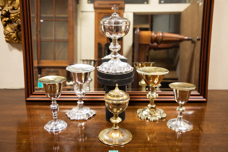 A selection of chalices and ciboria that will feature in the sale. Photograph: Michael Donnelly/PA Wire 

