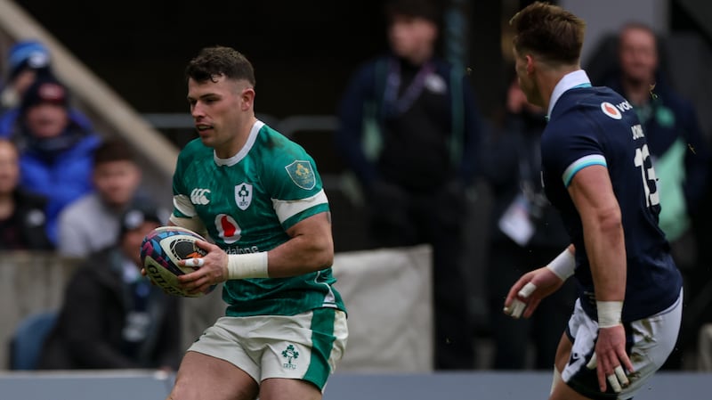 Ireland’s Calvin Nash scores a try against Scotland. Photograph: INPHO/Billy Stickland